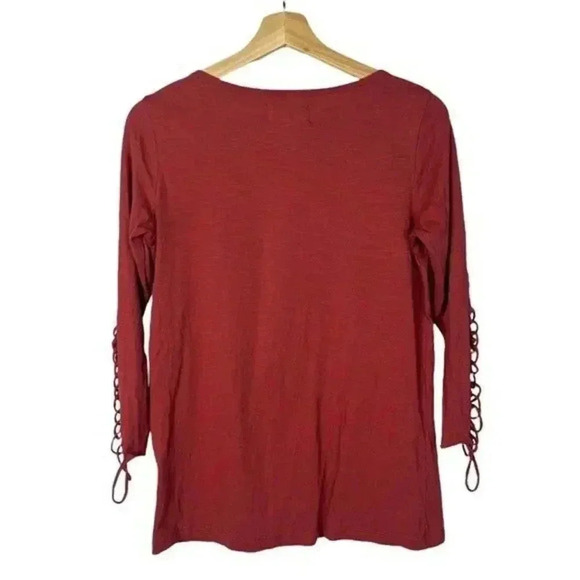 Anthropologie Brick Red Open Lattice Crochet Long Sleeve Top S - Picture 2 of 3